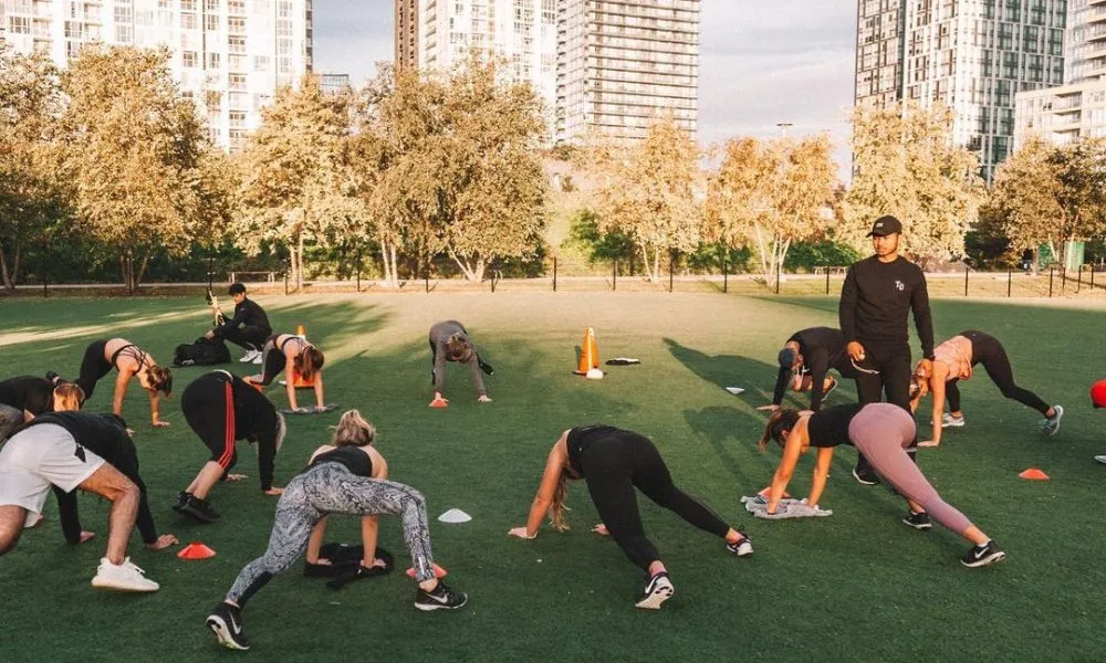 Wide view of participants in an open park